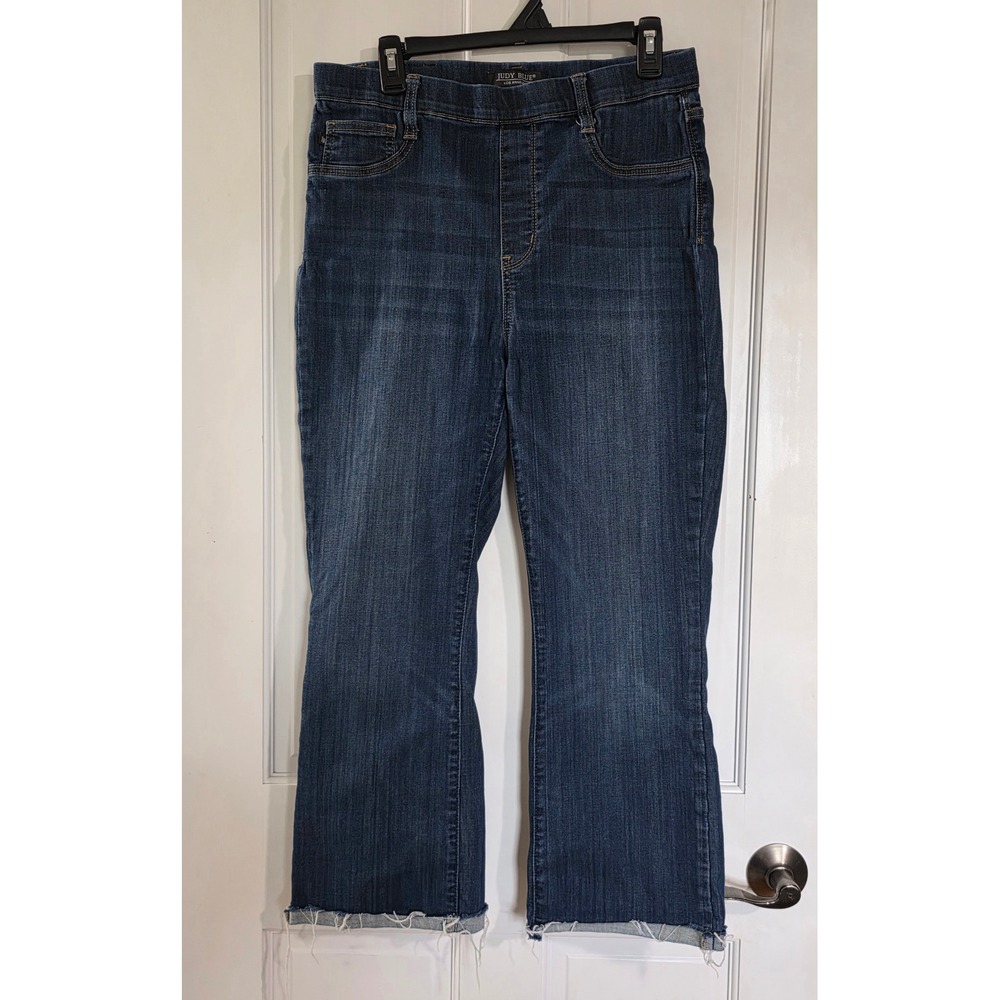 Judy Blue Pull On Flare Jeans Dark Wash Raw Hem JB88589 DK Womens Size 13/31
